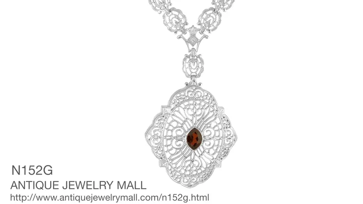 Edwardian Filigree Drop Pendant Necklace with Almandite Garnet and Diamond in Sterling Silver