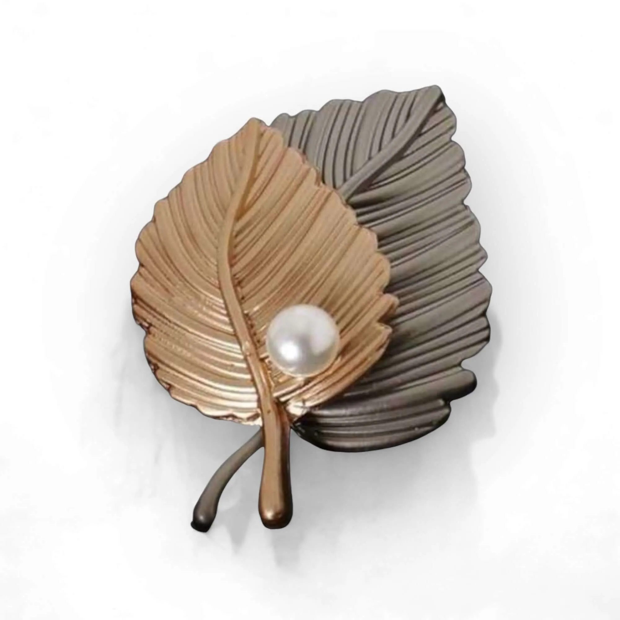 Elegant Dual-Tone Leaf Brooch with Simulated Pearl Accent