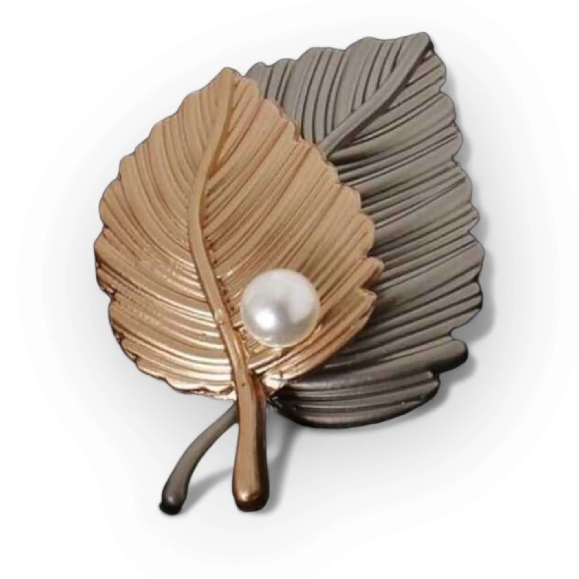 Elegant Dual-Tone Leaf Brooch with Simulated Pearl Accent