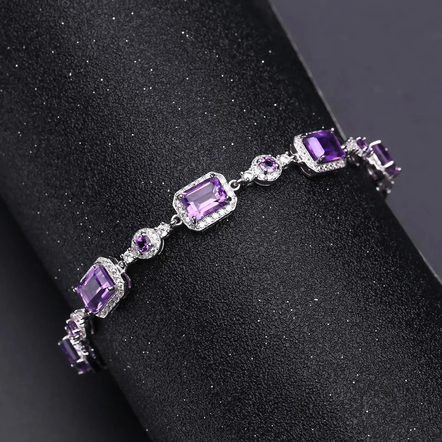 Emerald Cut Natural Amethyst Silver Bracelet