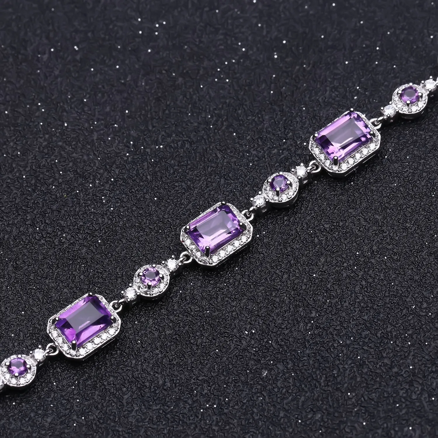 Emerald Cut Natural Amethyst Silver Bracelet