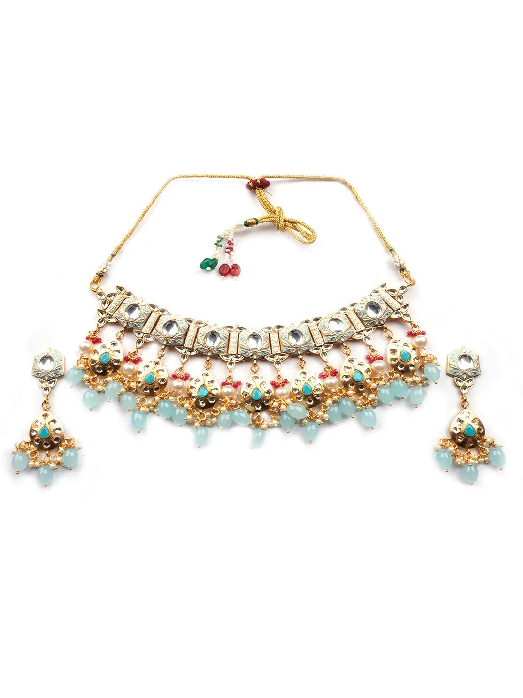 Enamel Coated Sea Blue Pearls Beaded Kundan Choker Set