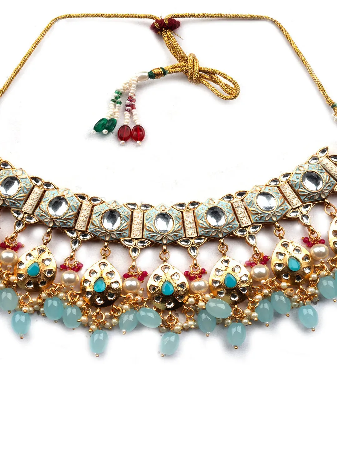 Enamel Coated Sea Blue Pearls Beaded Kundan Choker Set