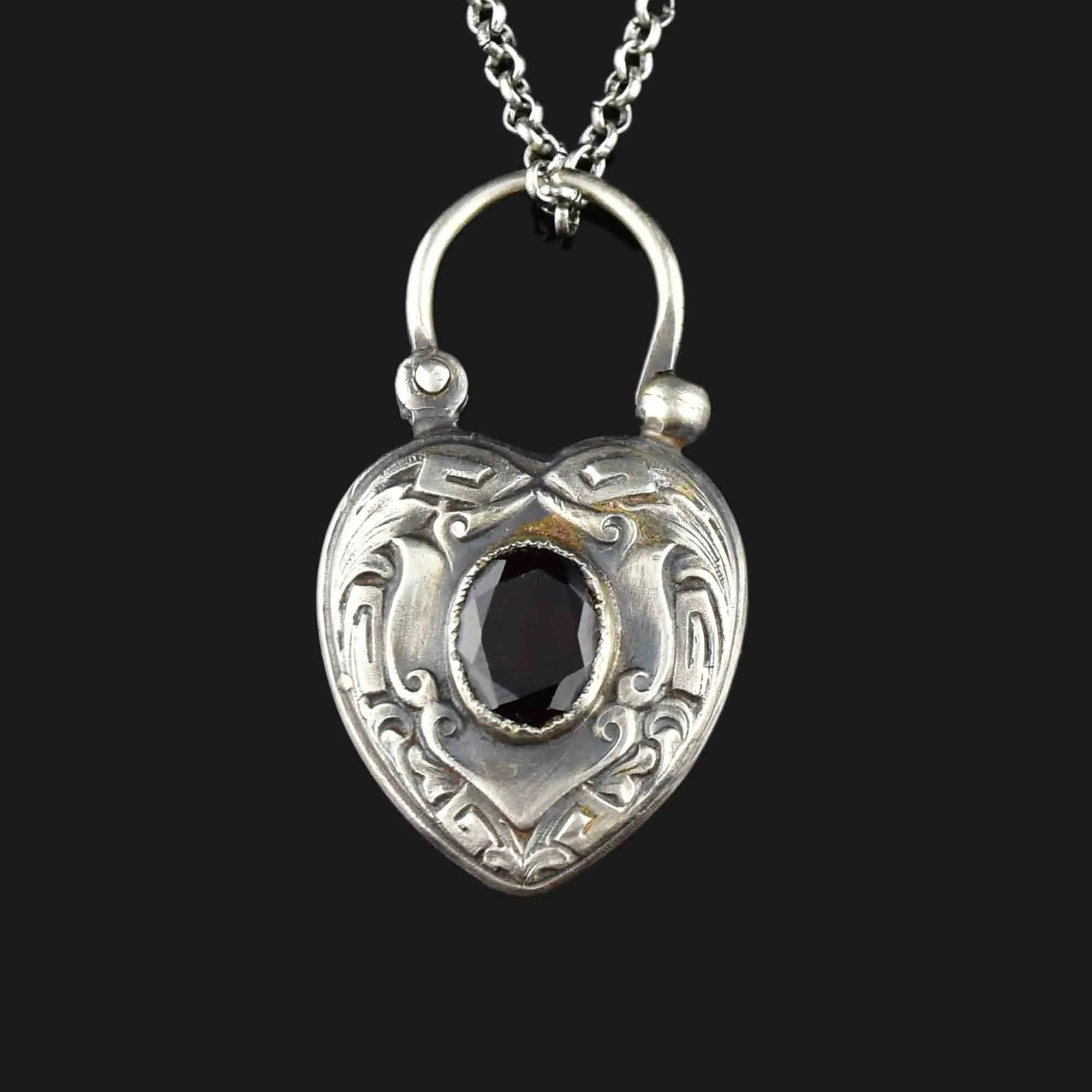 Engraved Silver Garnet Heart Padlock Pendant Necklace