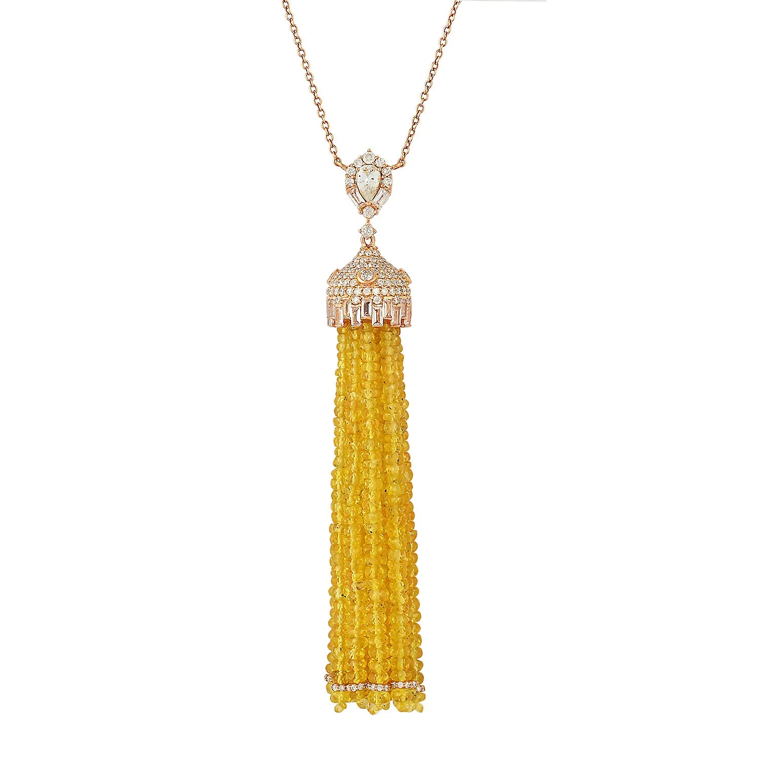 Faceted Yellow Sapphire Beaded Pave Diamond Tassel Matinee Necklace In 18k Rose Gold