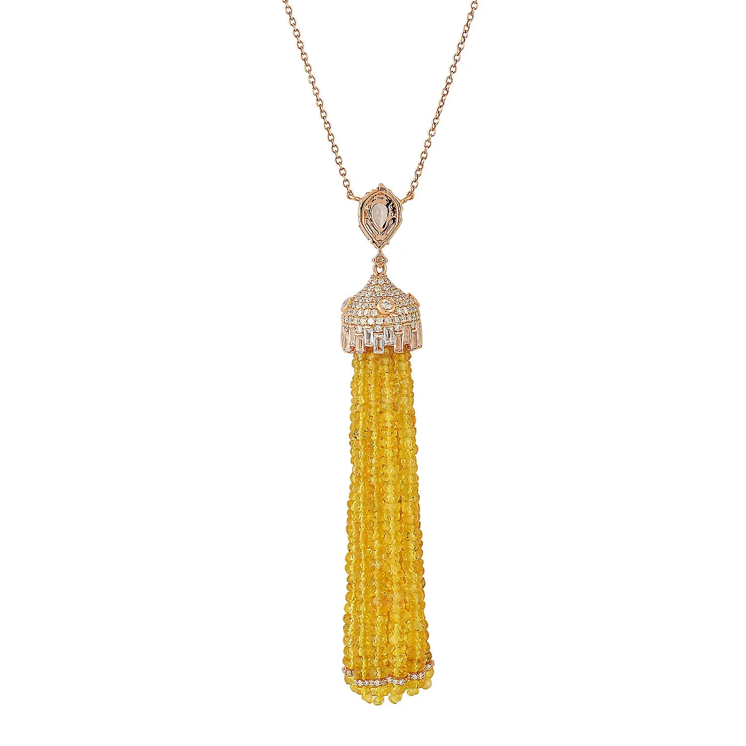 Faceted Yellow Sapphire Beaded Pave Diamond Tassel Matinee Necklace In 18k Rose Gold