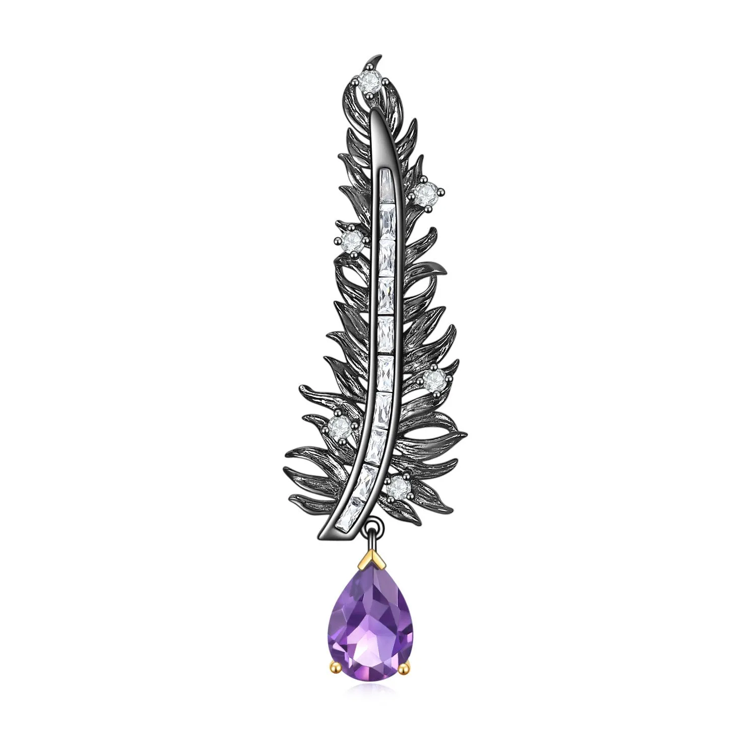 Feather Style Natural Colourful Gemstone Brooch Pendant Dual-use Silver Necklace for Women