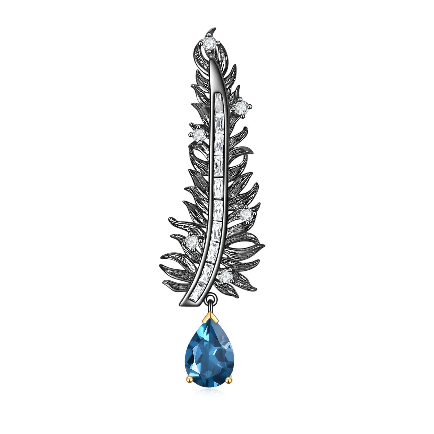 Feather Style Natural Colourful Gemstone Brooch Pendant Dual-use Silver Necklace for Women