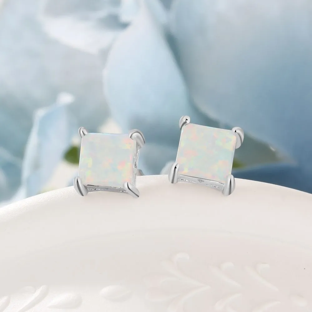 Four Prongs Square Opal Sterling Silver Stud Earrings