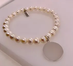 Freshwater Pearl Stretch Bracelet with Engravable Disc