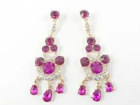 Fuchsia Color Yellow Gold Tone Chandelier Fashion Earrings