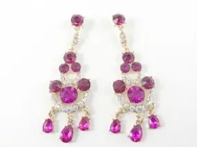 Fuchsia Color Yellow Gold Tone Chandelier Fashion Earrings