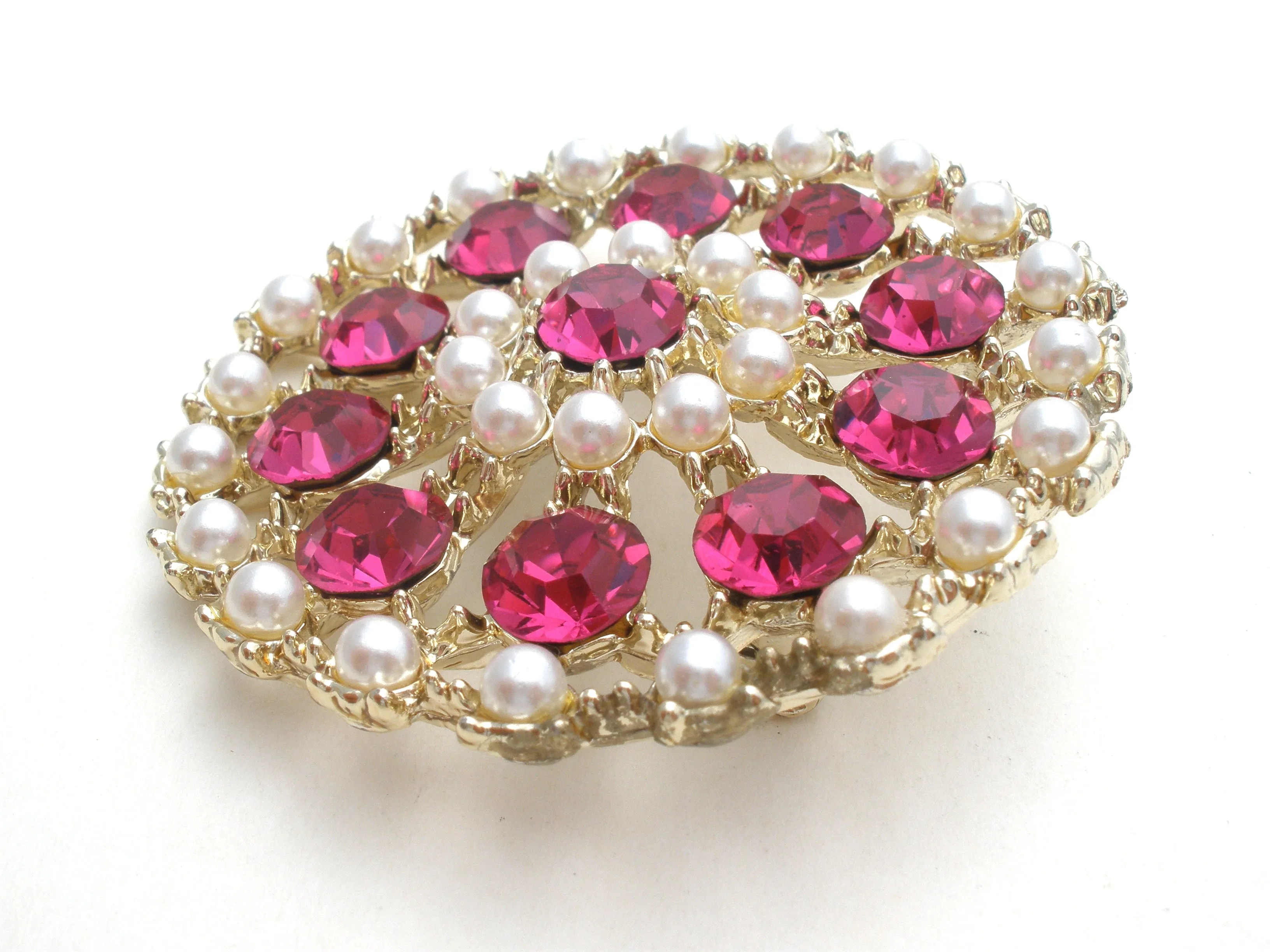 Fuchsia Pink & Pearl Brooch Pin Vintage