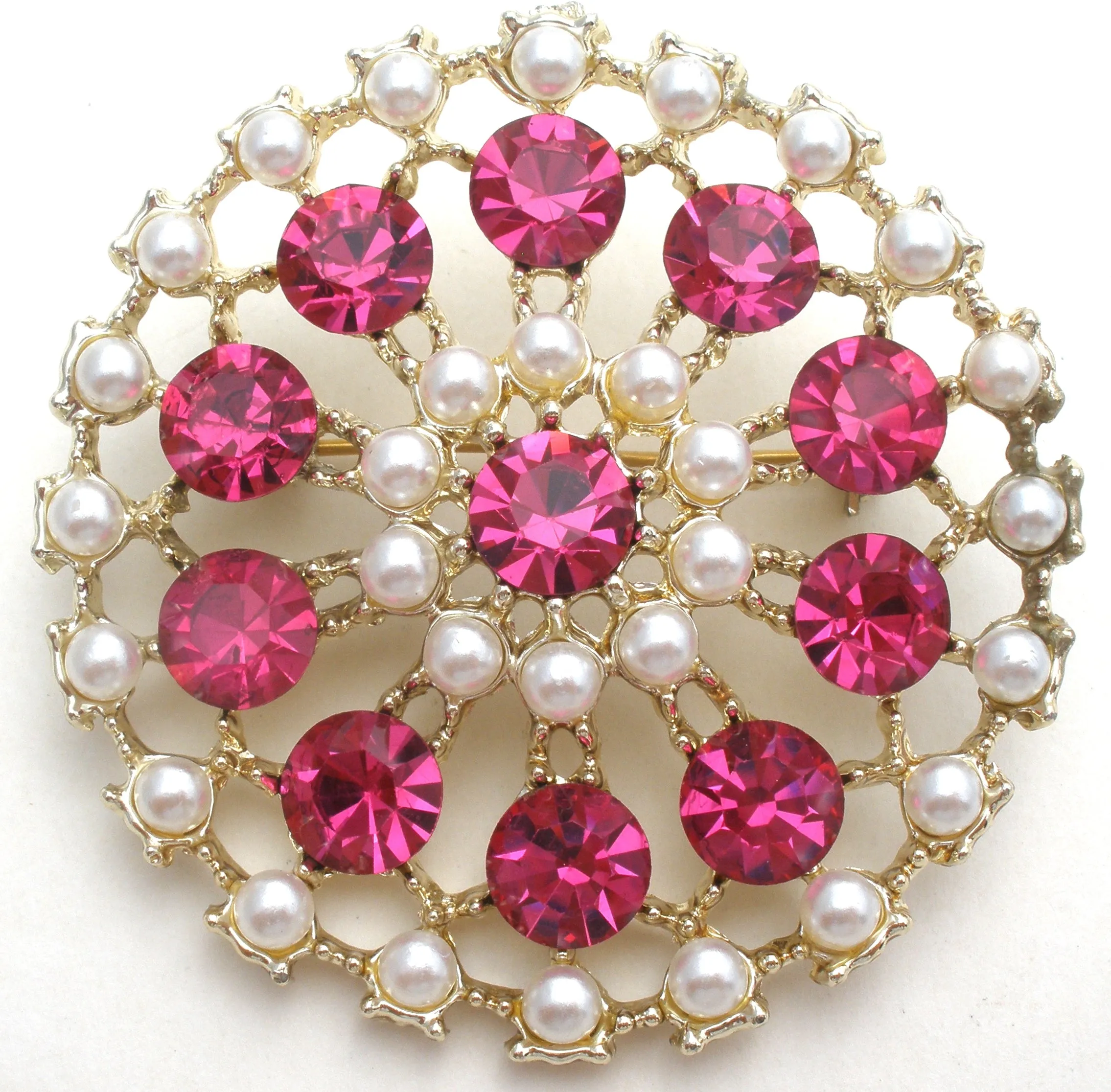 Fuchsia Pink & Pearl Brooch Pin Vintage