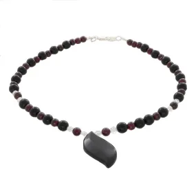 Garnet, Black Onyx & Clear Quartz beads with Onyx leaf pendant Necklace