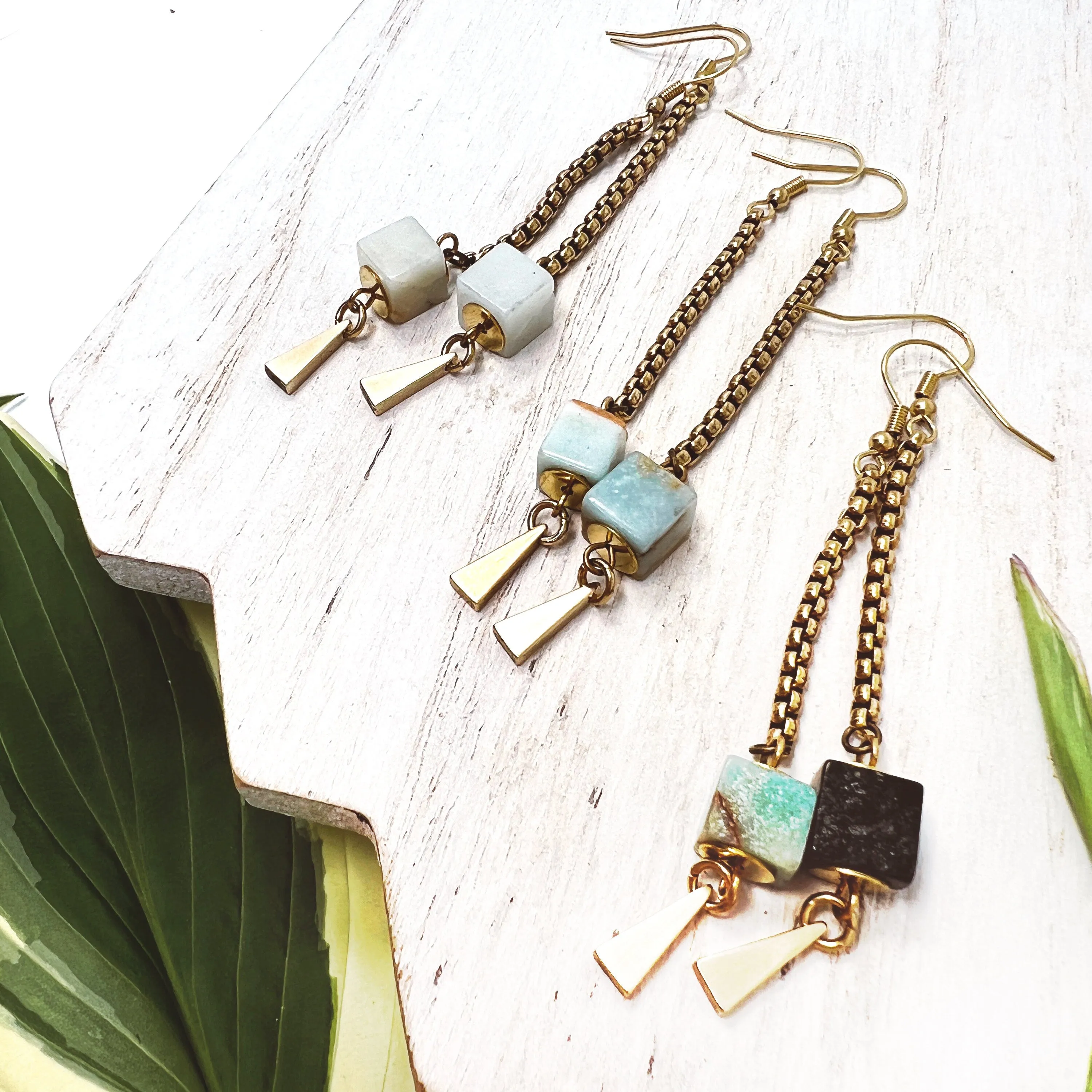 Gemstone Earring - Amazonite Cube & Vintage Brass Chain