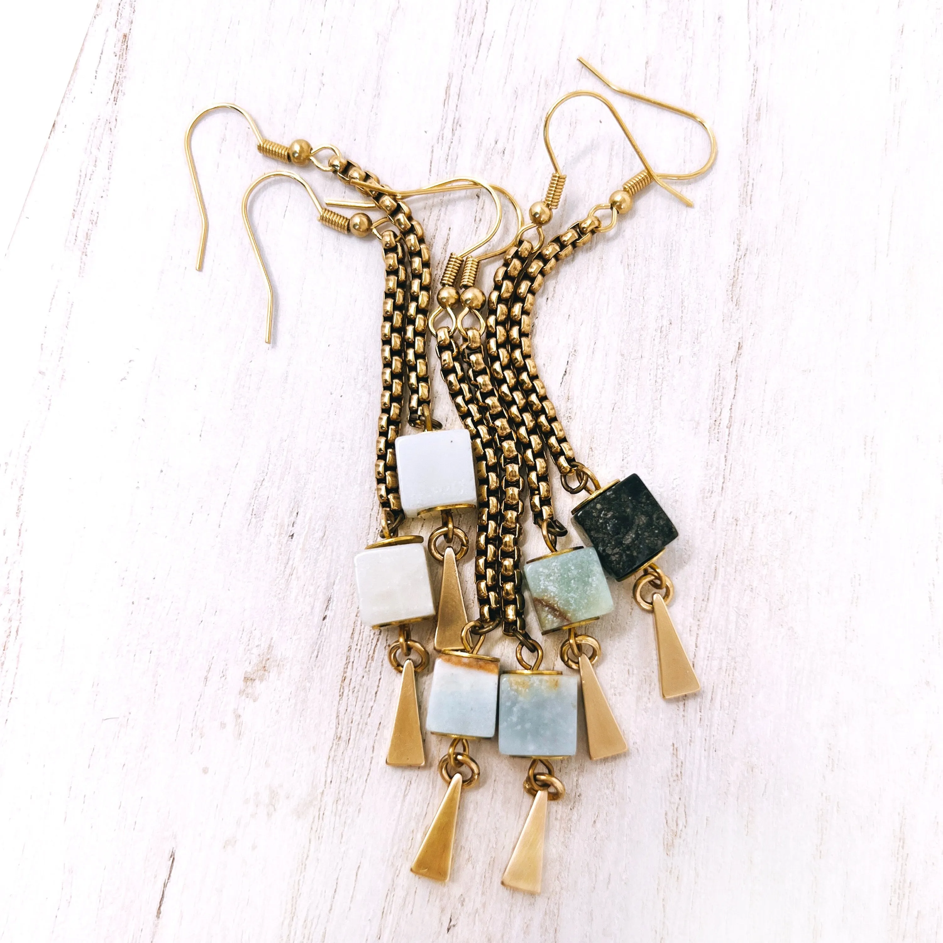 Gemstone Earring - Amazonite Cube & Vintage Brass Chain