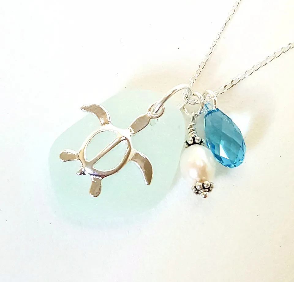 Genuine Beach Glass Turtle Necklace In Sterling Silver And Aqua Blue