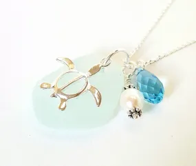 Genuine Beach Glass Turtle Necklace In Sterling Silver And Aqua Blue