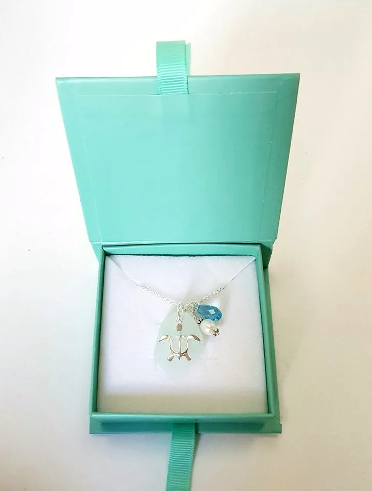 Genuine Beach Glass Turtle Necklace In Sterling Silver And Aqua Blue