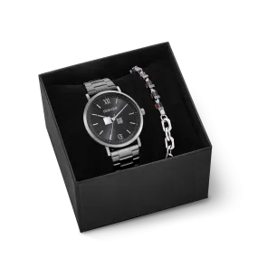 Gift Set Watch Round Statement Anthracite Sunray & bracelet Precious Fusion link chain brown-silver