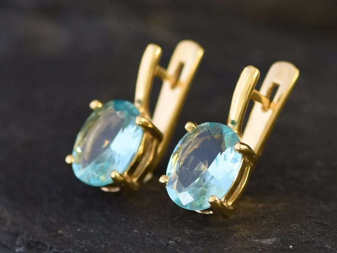 Gold Aquamarine Earrings - Blue Dainty Studs, March Birthstone Earrings