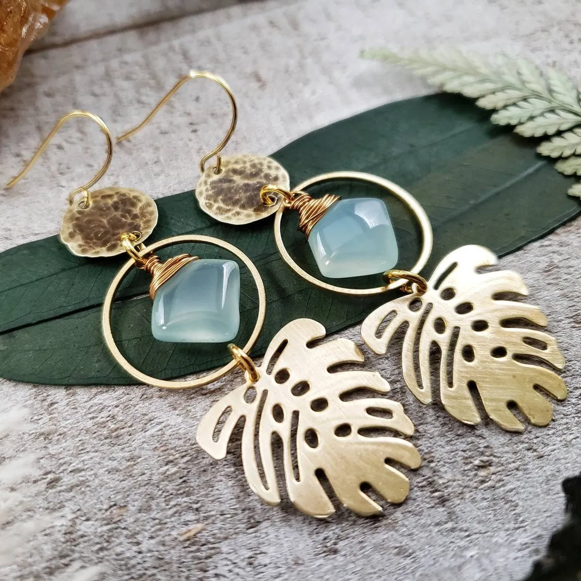 Gold boho Monstera earrings