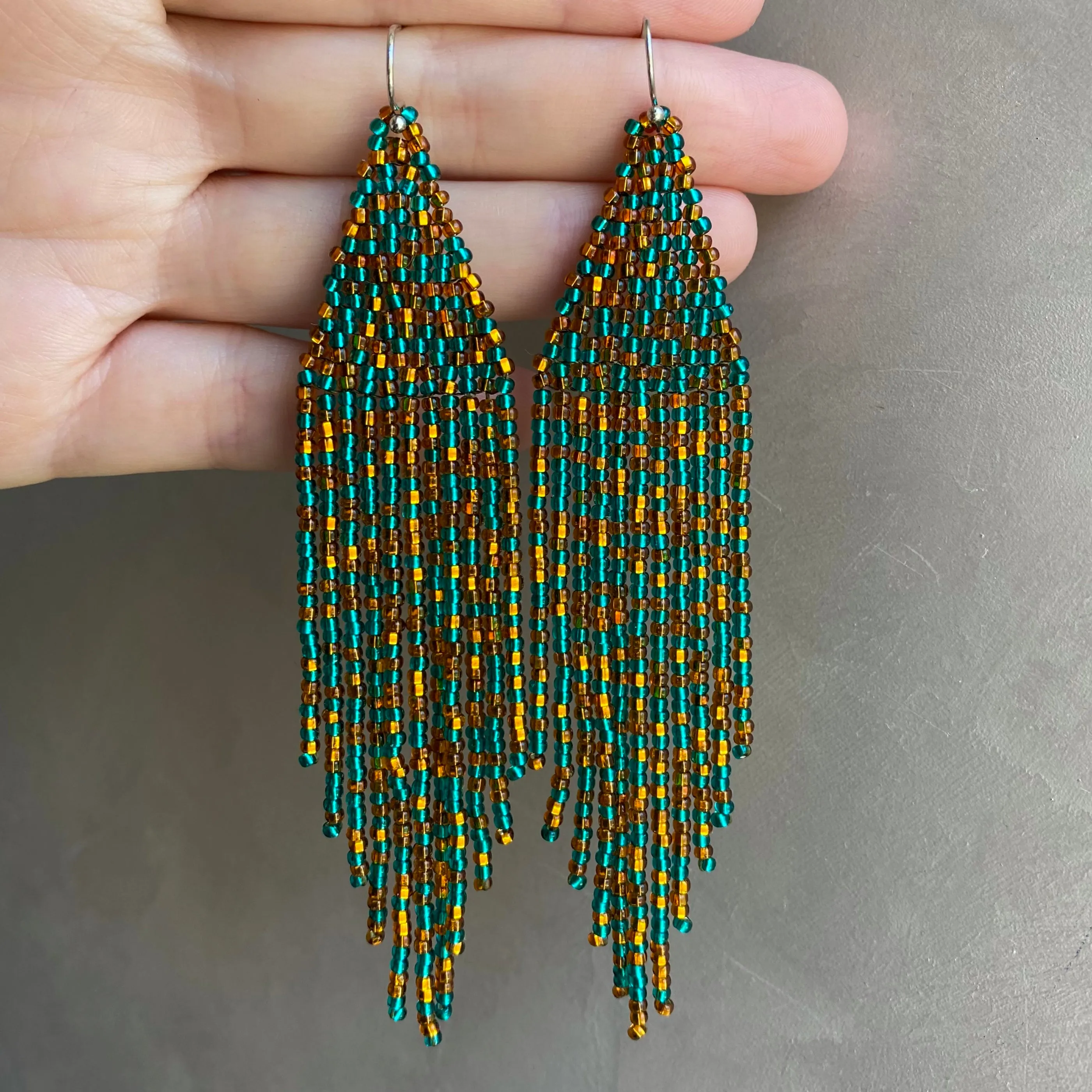 Gold Emerald Seed Bead Chandelier Earring / Long Dangle Fringe Earrings in Bohemian style