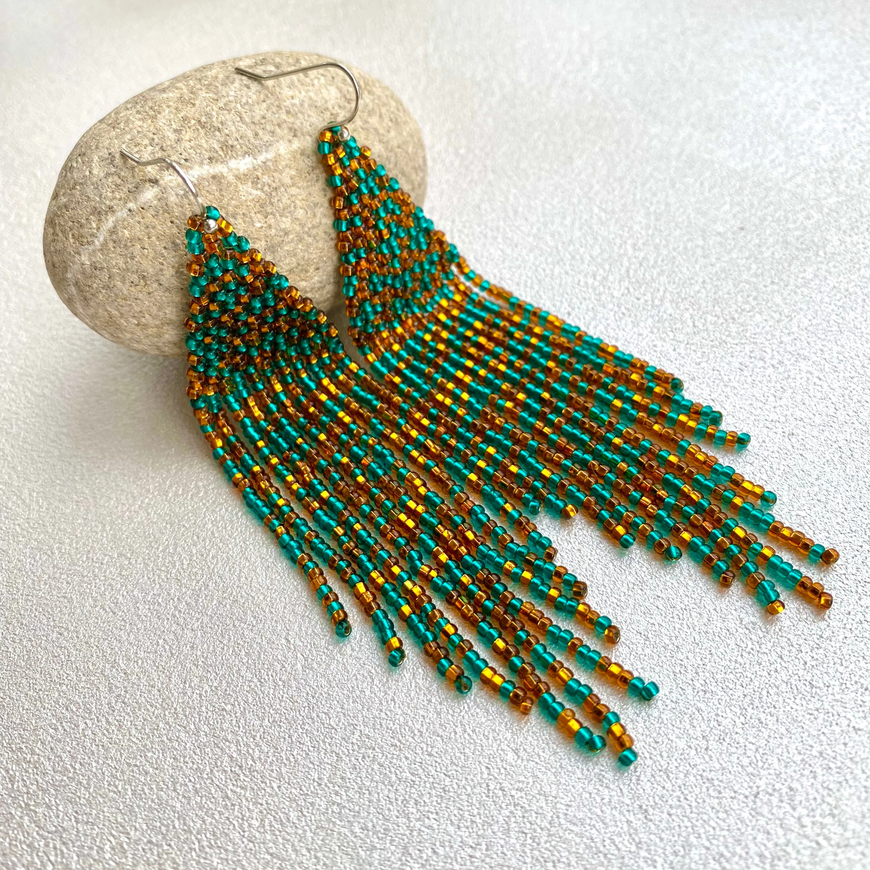 Gold Emerald Seed Bead Chandelier Earring / Long Dangle Fringe Earrings in Bohemian style