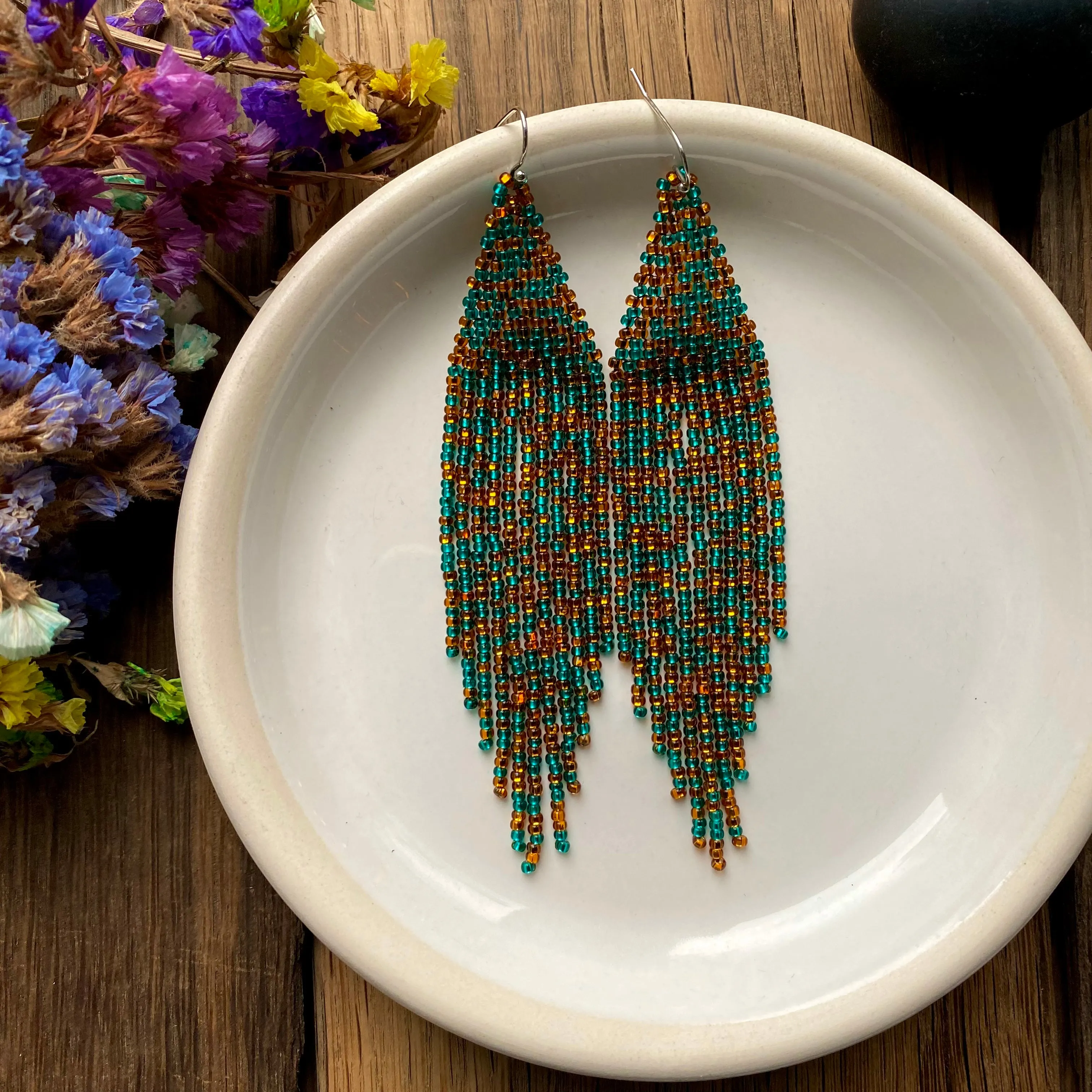 Gold Emerald Seed Bead Chandelier Earring / Long Dangle Fringe Earrings in Bohemian style