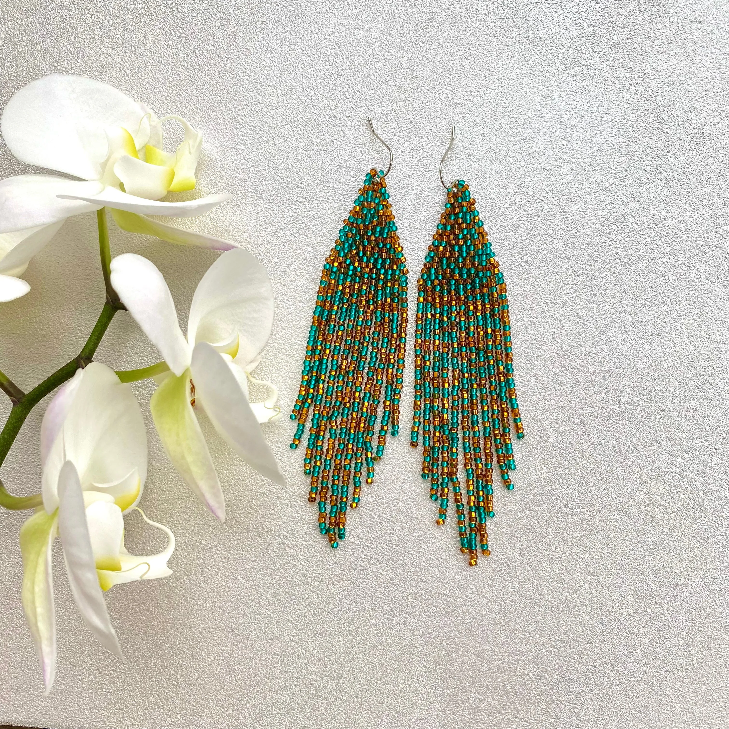 Gold Emerald Seed Bead Chandelier Earring / Long Dangle Fringe Earrings in Bohemian style