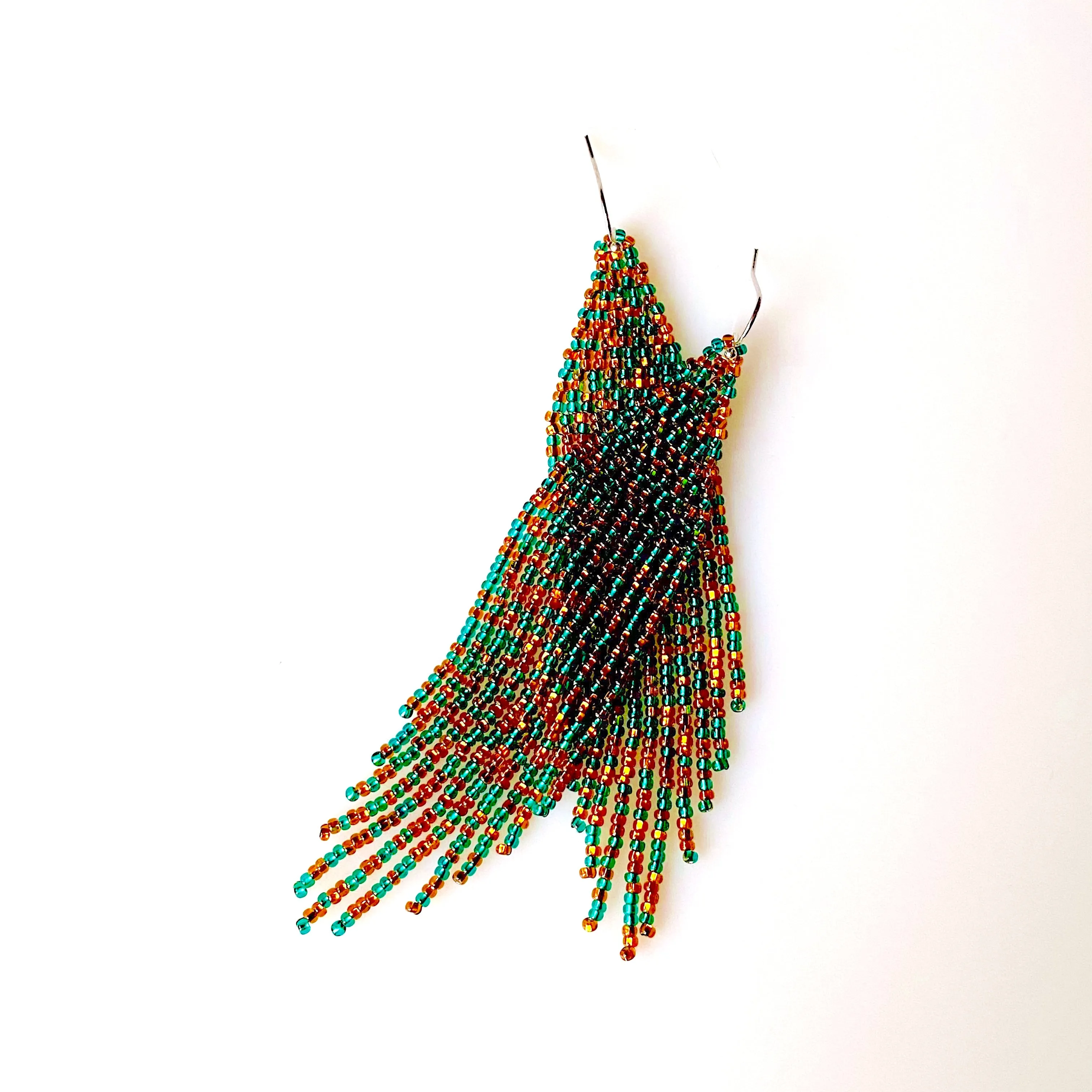 Gold Emerald Seed Bead Chandelier Earring / Long Dangle Fringe Earrings in Bohemian style