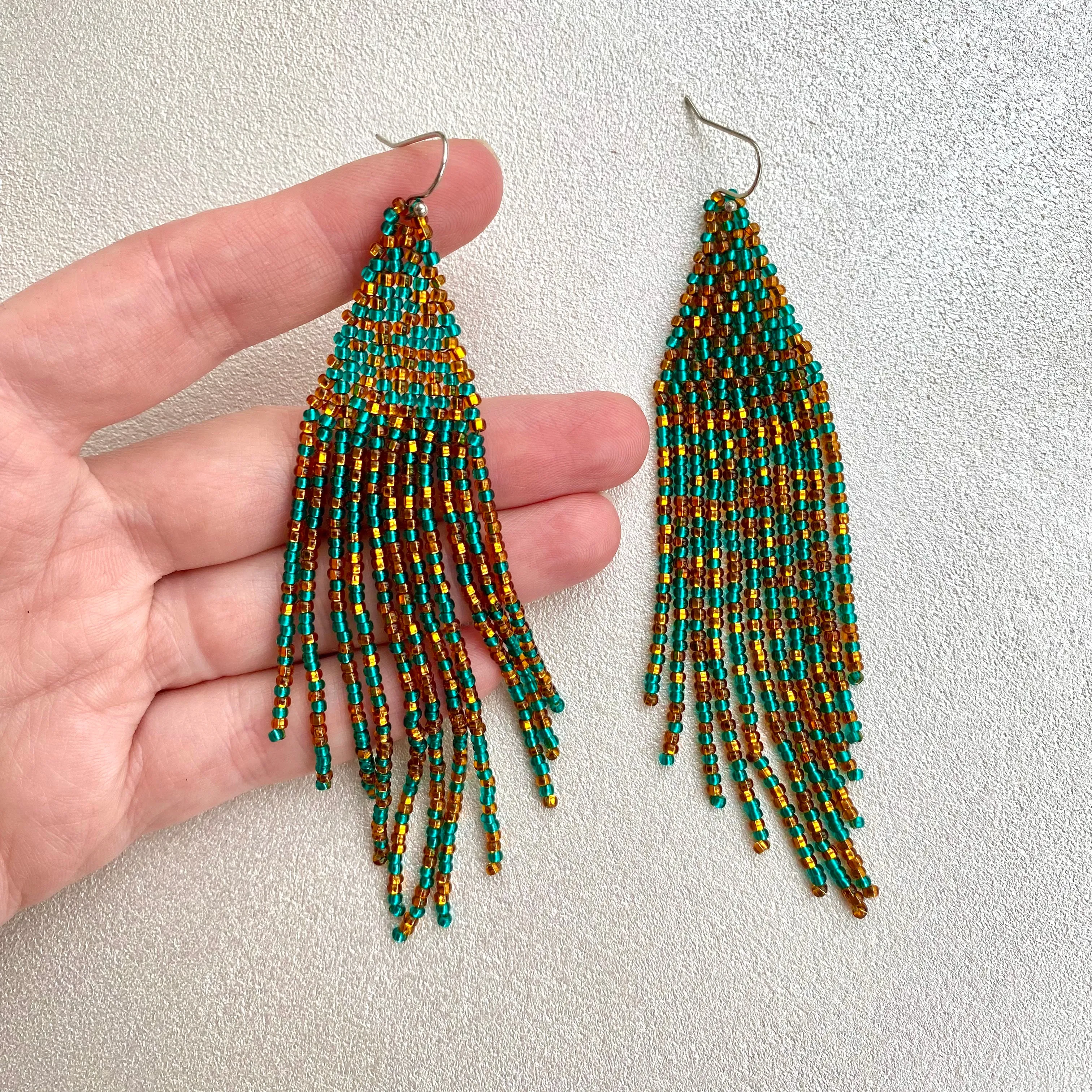 Gold Emerald Seed Bead Chandelier Earring / Long Dangle Fringe Earrings in Bohemian style