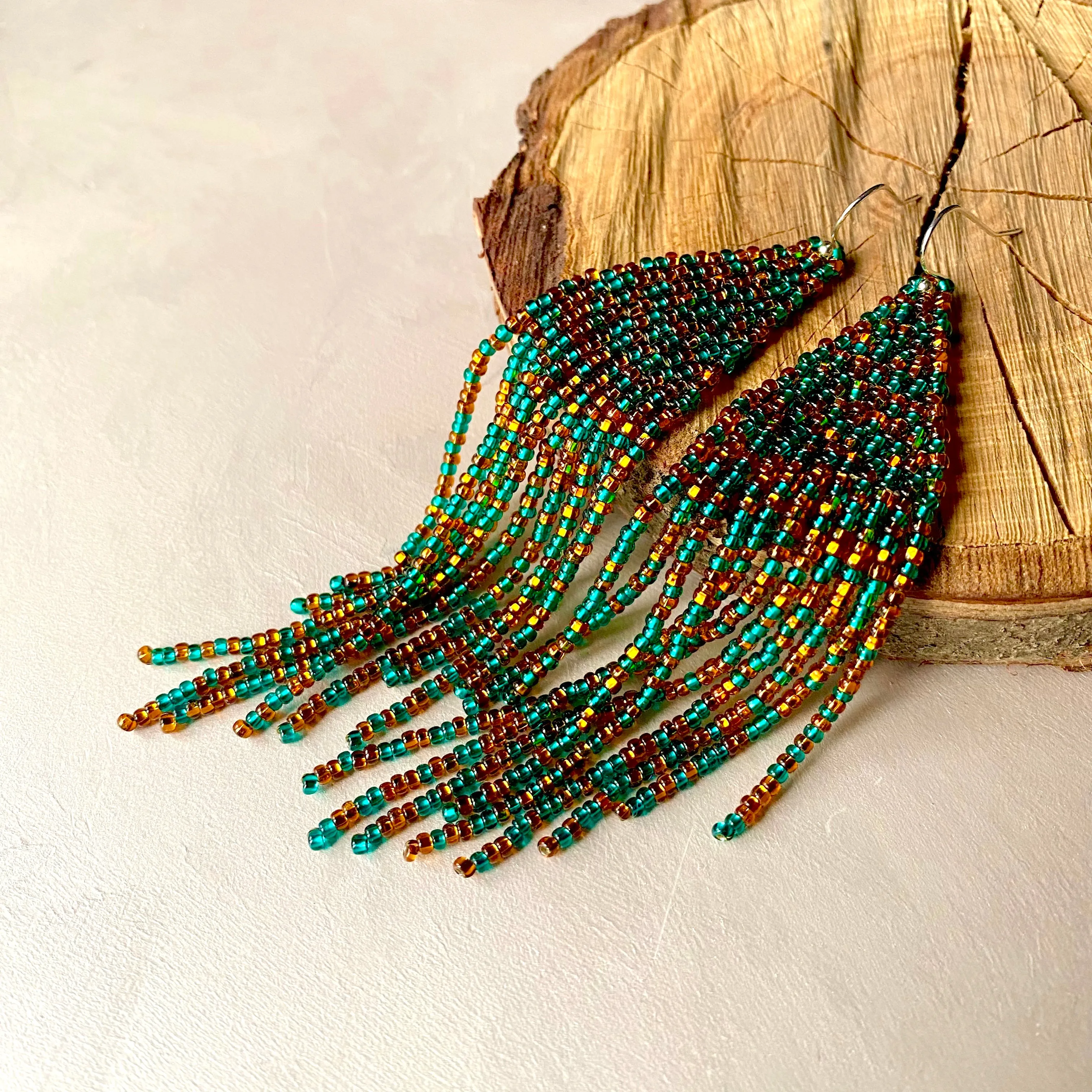 Gold Emerald Seed Bead Chandelier Earring / Long Dangle Fringe Earrings in Bohemian style