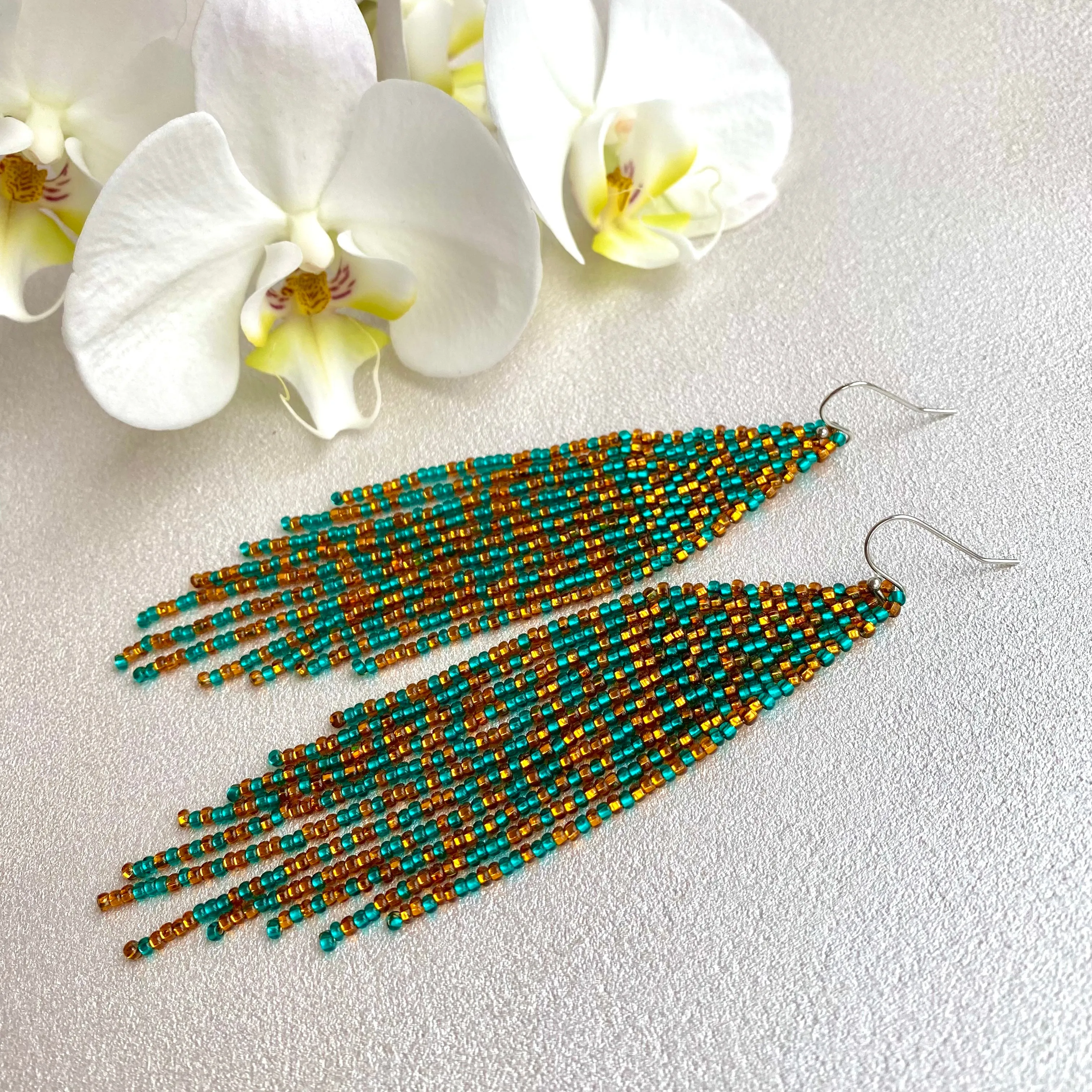 Gold Emerald Seed Bead Chandelier Earring / Long Dangle Fringe Earrings in Bohemian style