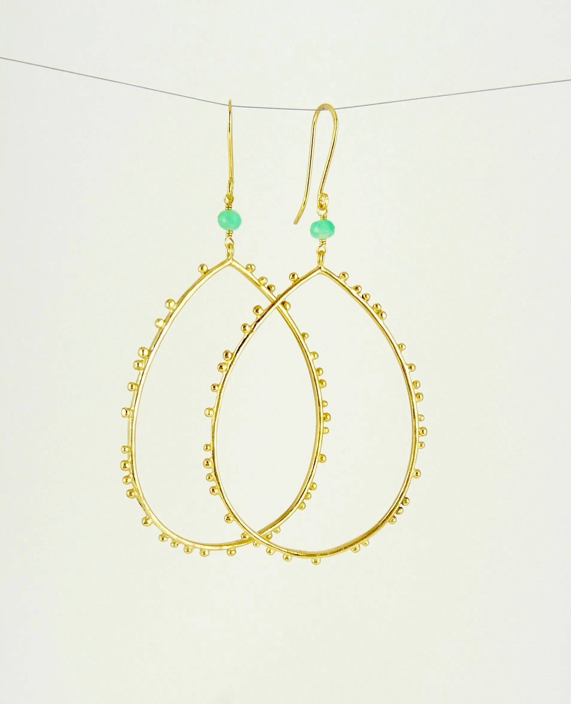 Gold plated Granulation drop earrings with Chrysoprase