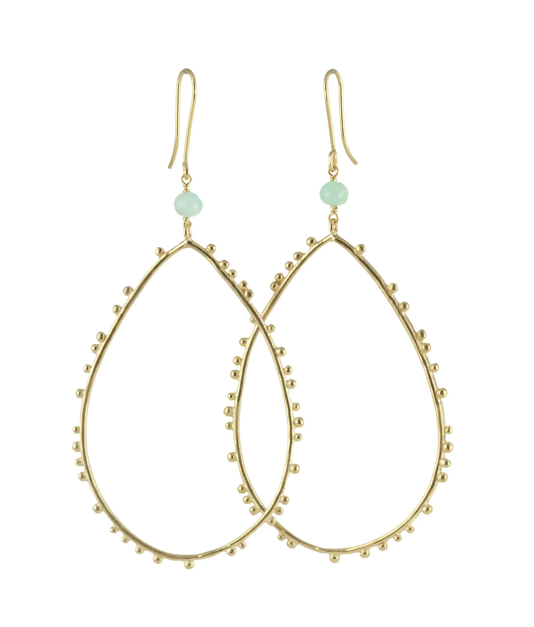 Gold plated Granulation drop earrings with Chrysoprase