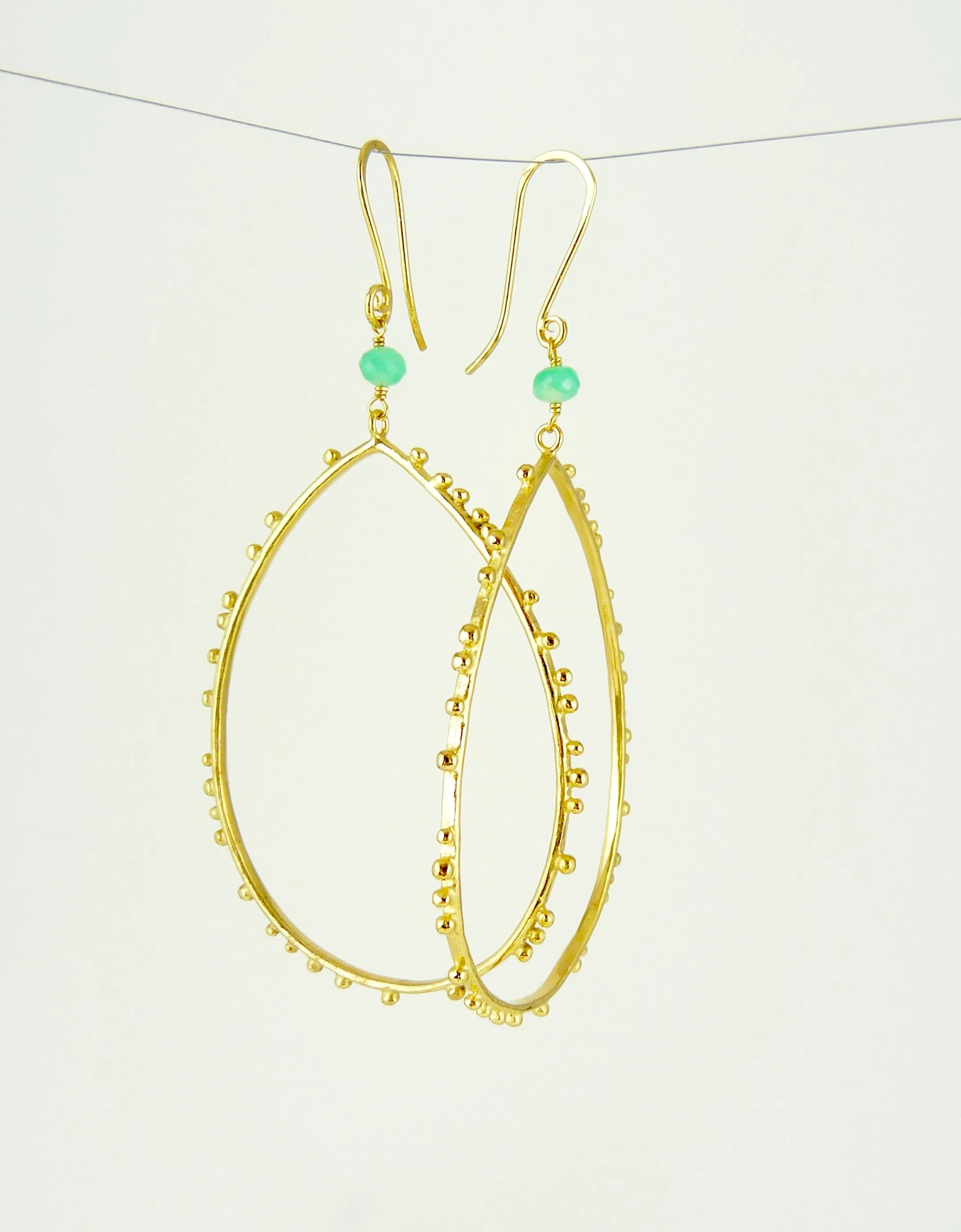 Gold plated Granulation drop earrings with Chrysoprase