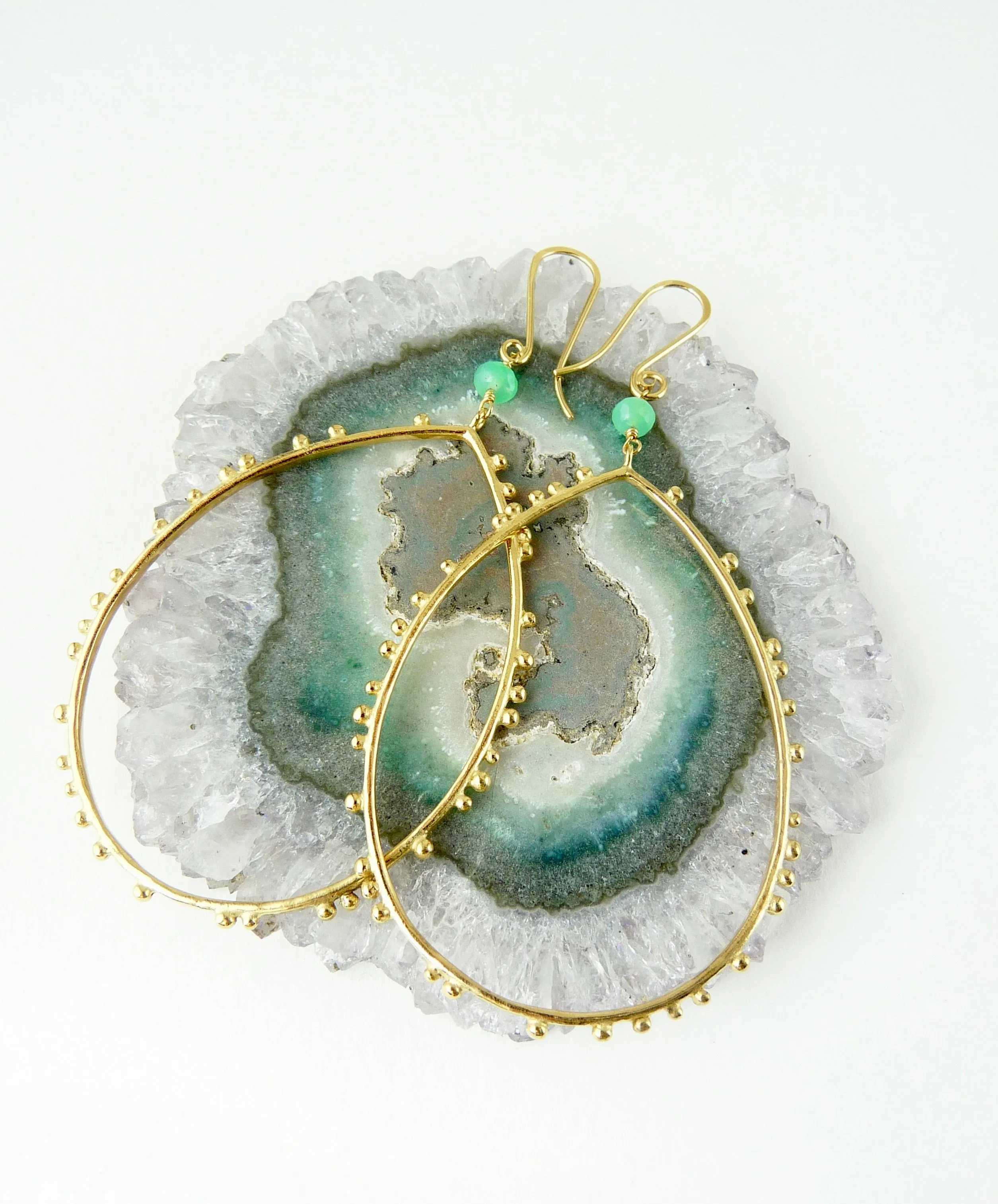 Gold plated Granulation drop earrings with Chrysoprase