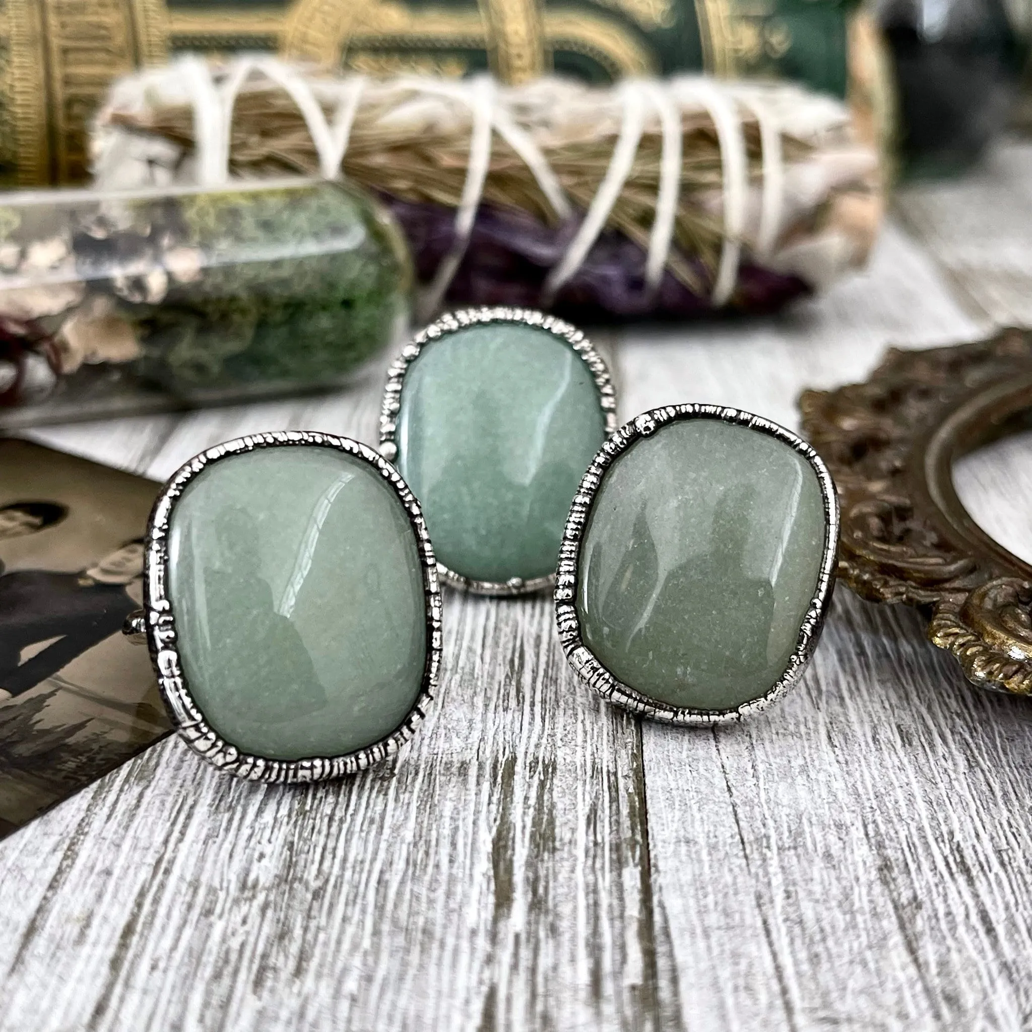 Green Aventurine Ring in Fine Silver Size 6 7 8 9 10/  Large Crystal Ring  - Green Stone Ring - Silver Crystal Ring - Bohemian Jewelry