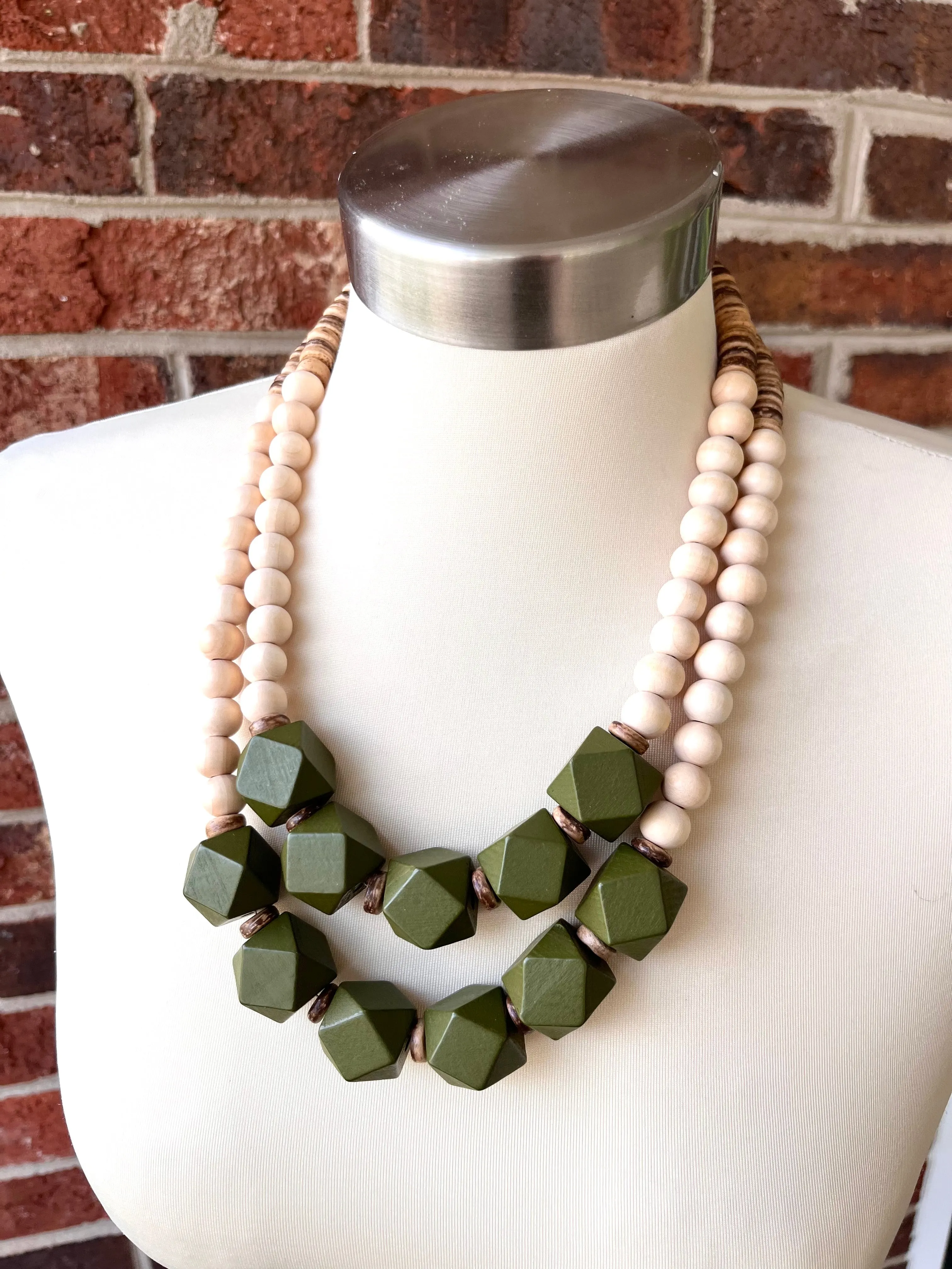 Green White Wood Beaded Chunky Multi Strand Boho Statement Necklace - Riley