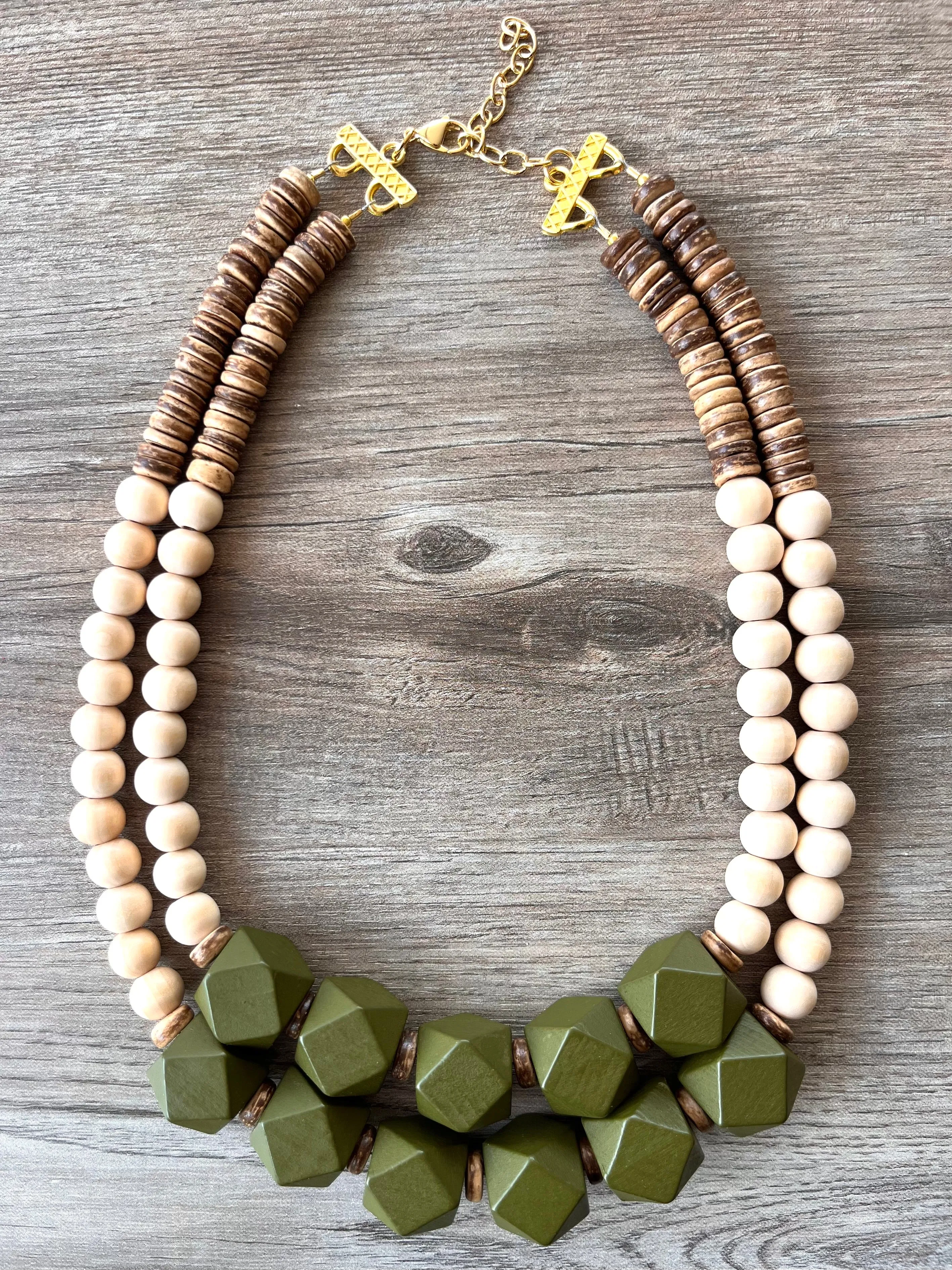 Green White Wood Beaded Chunky Multi Strand Boho Statement Necklace - Riley