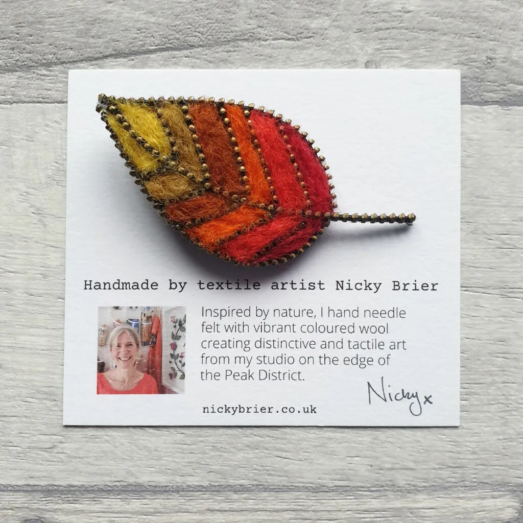 Hand Felted Leaf Brooch With Zip Edge Detail - Classic Autumn