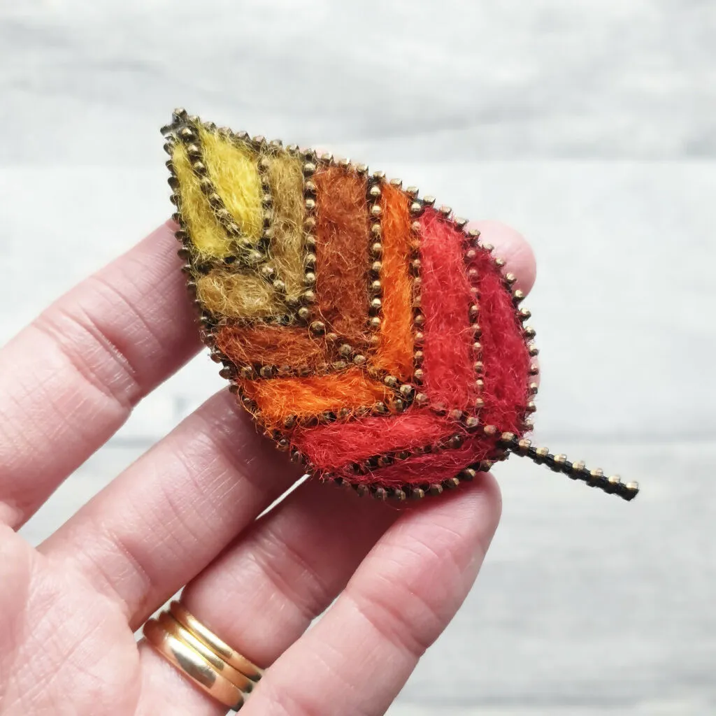 Hand Felted Leaf Brooch With Zip Edge Detail - Classic Autumn