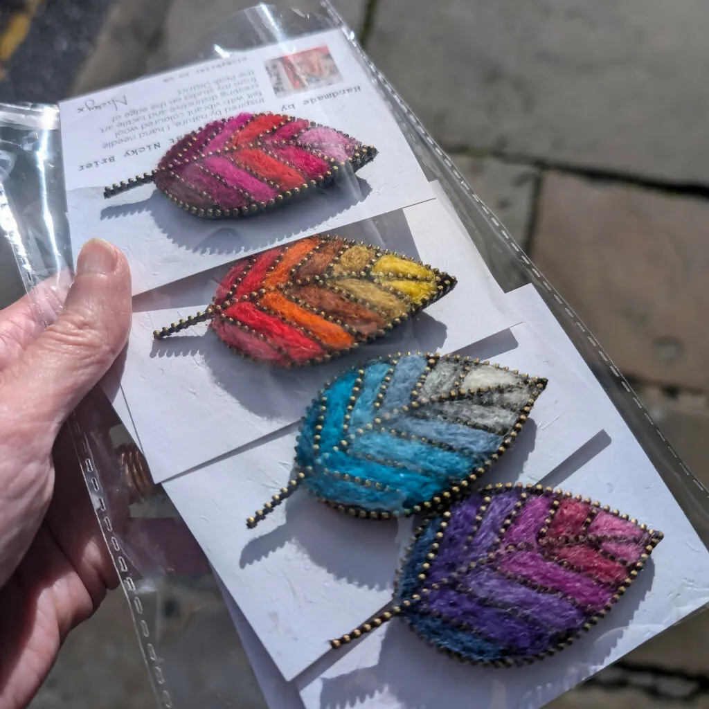 Hand Felted Leaf Brooch With Zip Edge Detail - Hot Pink and Reds