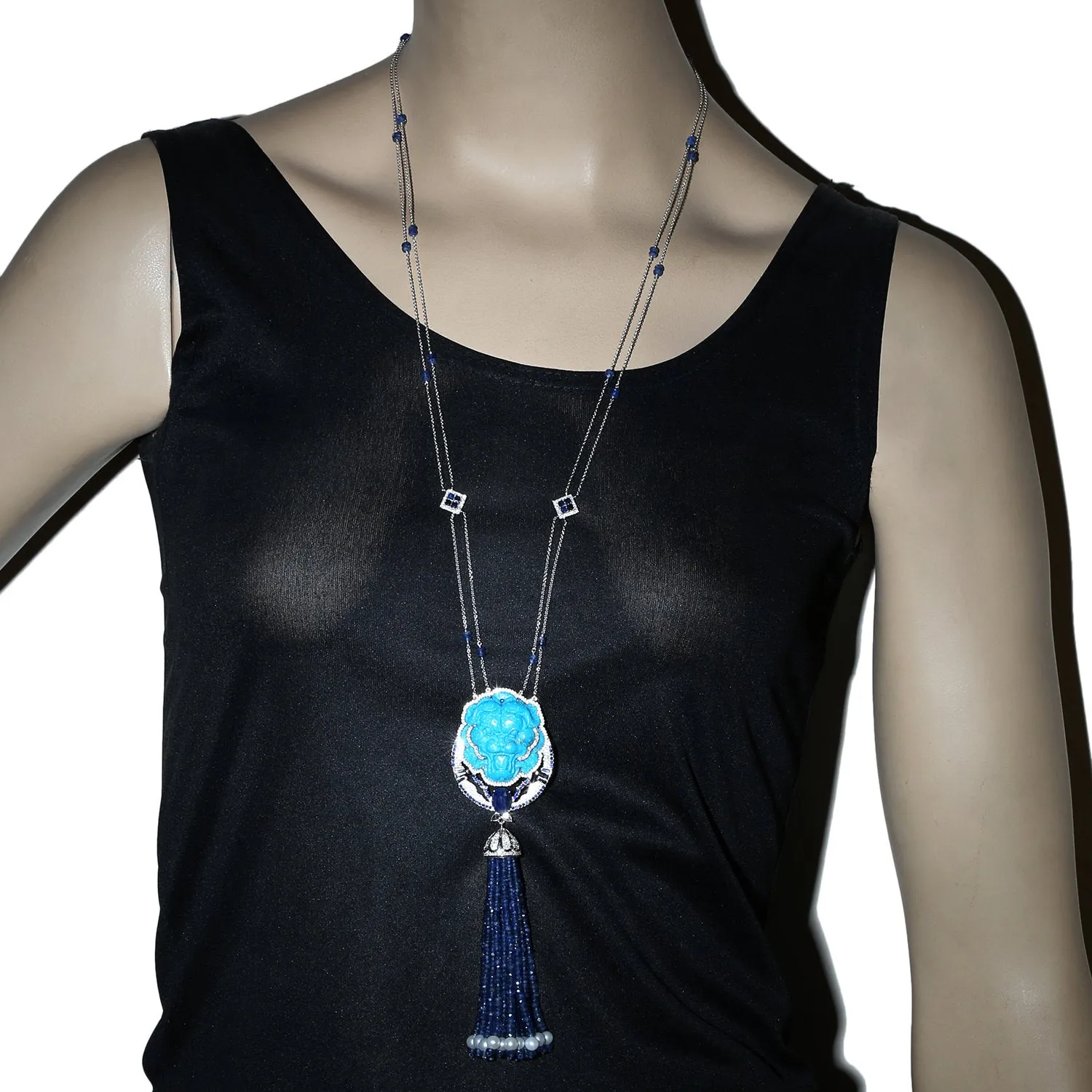 Handcarved Turquoise Sapphire Pearl Tassel Rope/Lariat Necklace In 18k Gold