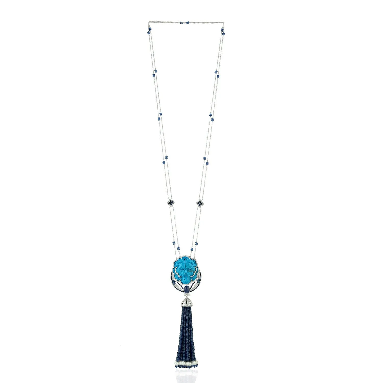 Handcarved Turquoise Sapphire Pearl Tassel Rope/Lariat Necklace In 18k Gold