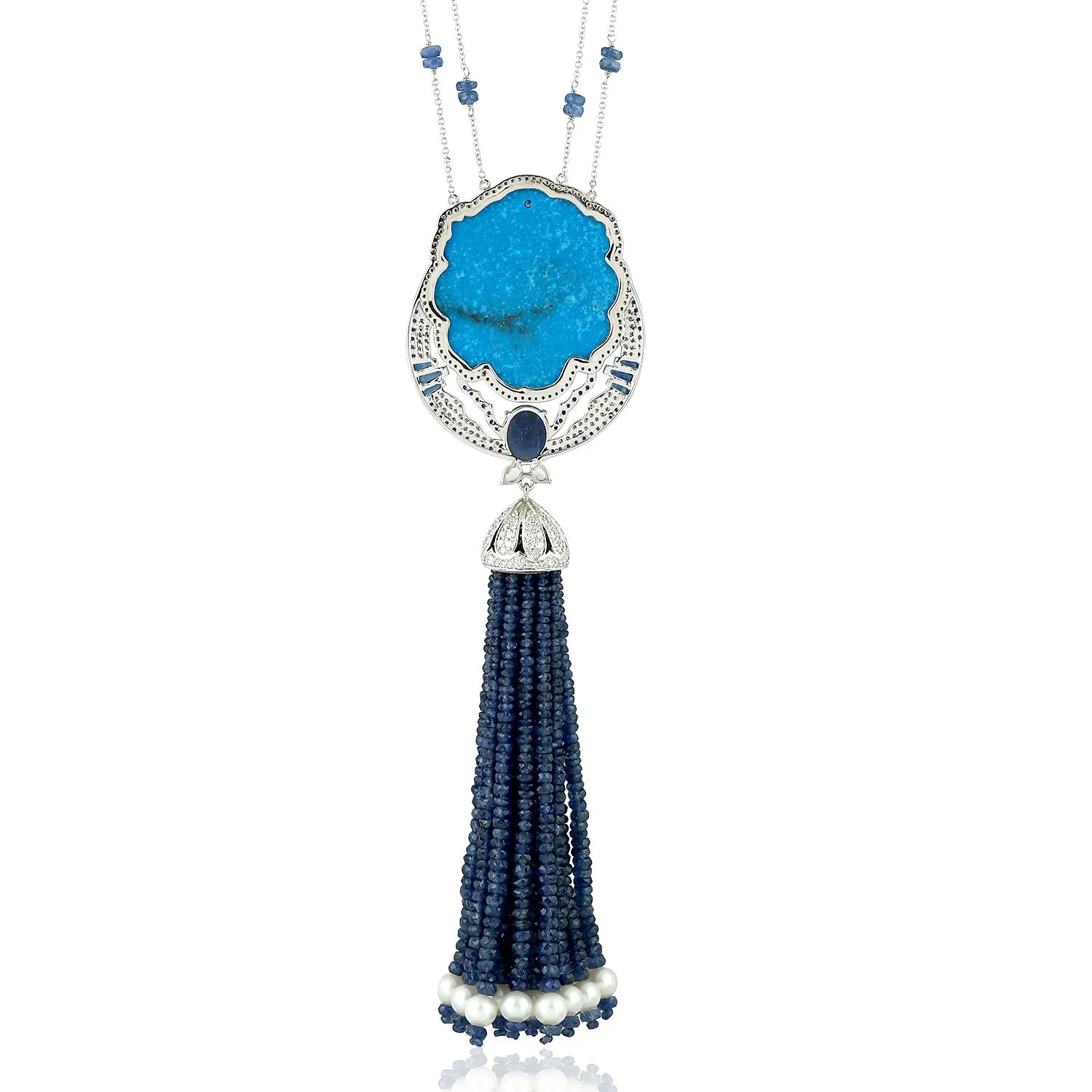 Handcarved Turquoise Sapphire Pearl Tassel Rope/Lariat Necklace In 18k Gold