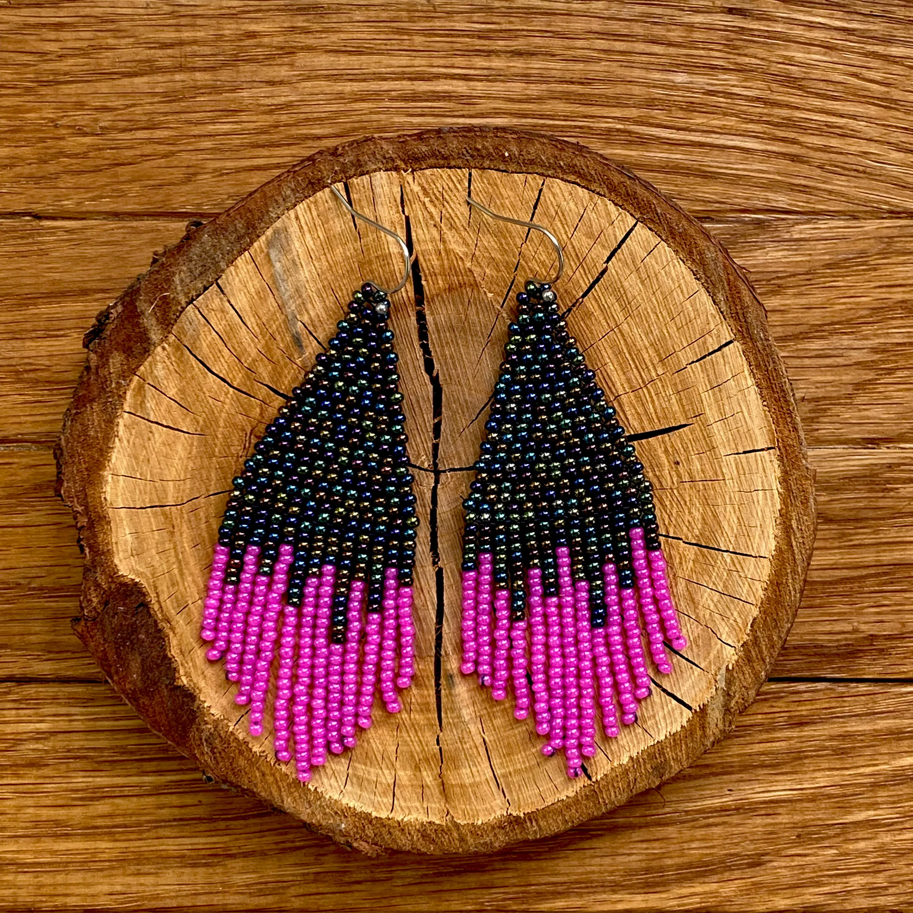 Handmade Bohemian Navy Pink Fringed Earrings