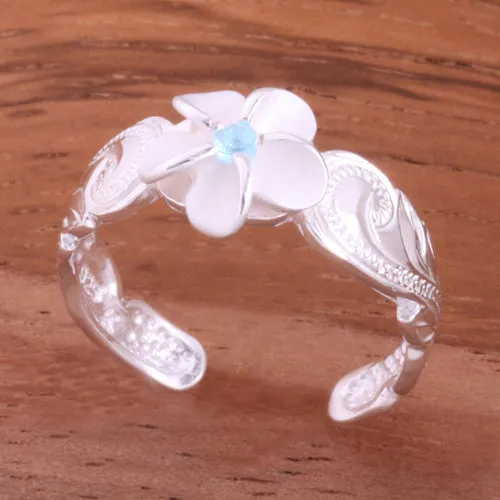 Hawaiian Scroll 8mm Plumeria with Blue CZ Cut Out Edge Toe Ring